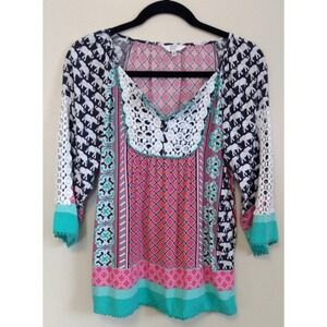 Crown & Ivy BOHO Mixed Print XS Crochet Detail Peasant Blouse Maximalism Flowy